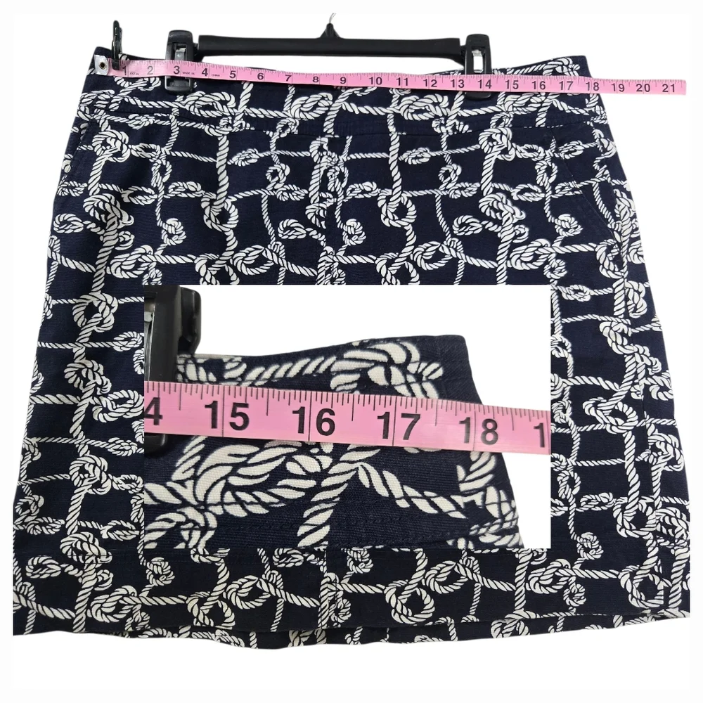 Talbots Rope Knot Print‎ Mini Skirt Navy Blue White Cotton Stretch Pockets